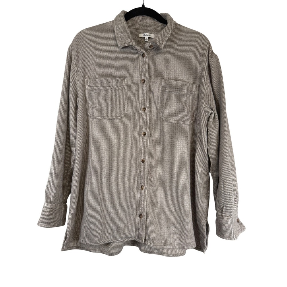 Madewell Womens L Herringbone Flannel Button Down Shirt Beige White Long Sleeve